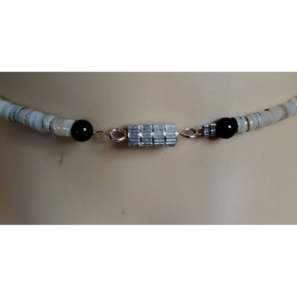 Black And Tan Stone Disk Necklace‎ With Black Pendant In Silvertoned Bezel